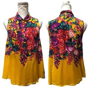 Anthropologie Meadow Rue Cecilia Floral Sleeveless Blouse Mustard Yellow Small